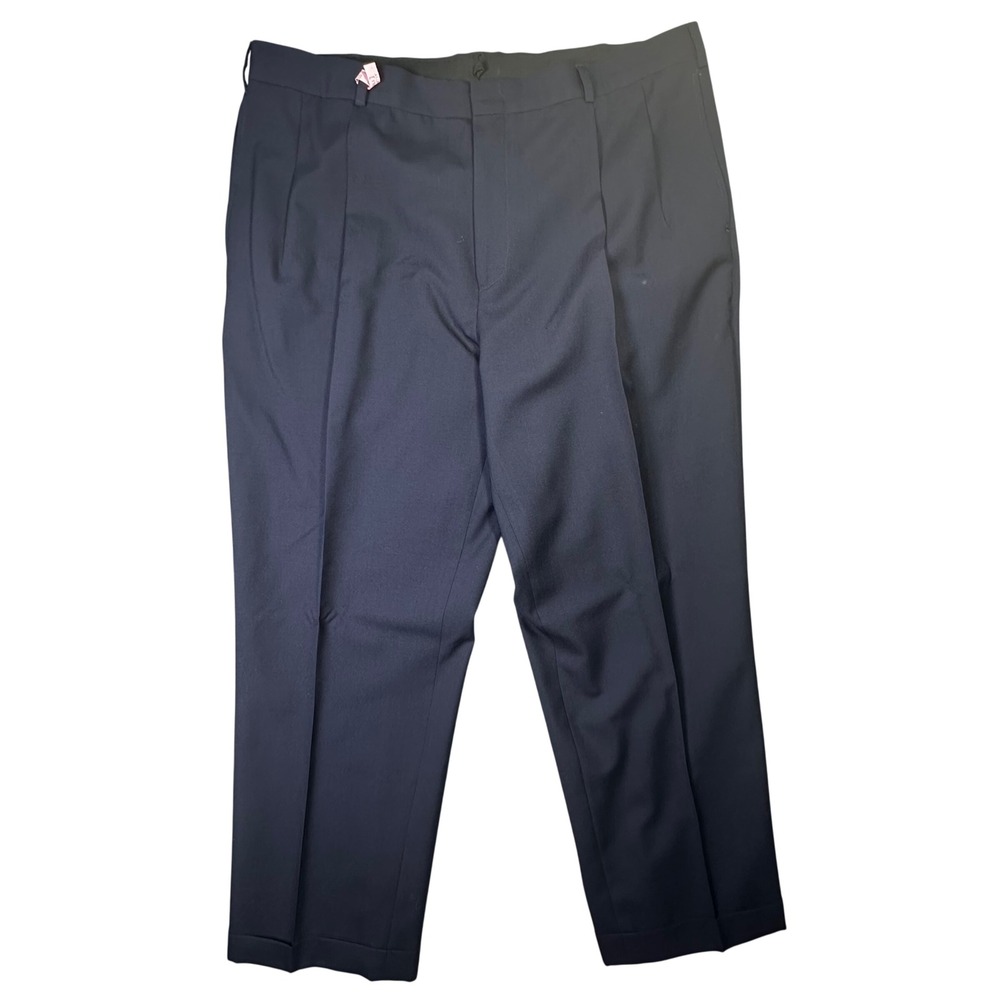 Lands End Mens 38 Wool Pleated Dress Pants Navy Blue Tailored Fit Cuffed 38x27